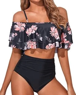 High Waisted Two Piece Off Shoulder Bikini Set-Black Orange Floral