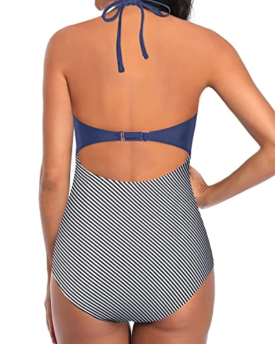 Slimming Silhouette Tie Monokini Halter One Piece Swimsuits-Blue White Stripe - Image 4