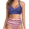 Women's Retro Halter Ruched Vintage High Waisted Bikini-Flag