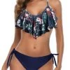 Side Tie Bottom Padded Ruffled Top Bikini For Women Set-Blue Colorul Flowers