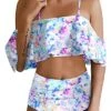 Two Piece Elegant High Waisted Off Shoulder Bikini Swimsuit-White Tie Dye