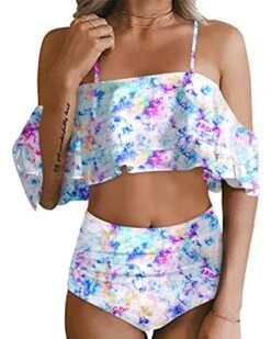 Two Piece Elegant High Waisted Off Shoulder Bikini Swimsuit-White Tie Dye