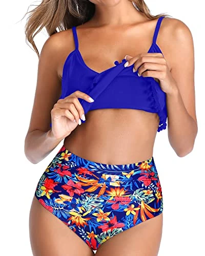 High Waisted Bikini Ruffle Swimsuit Bottoms Ruched High Rise Bottom-Royal Blue Floral - Image 3