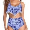 High Waisted Ruffle Trim Two Piece Bikini Swimsuit-Blue Tie Dye