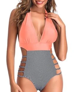 Women Sexy One Piece Swimsuits Cutout Monokini Plunge V Neck Halter Bathing Suits-Coral Pink Stripe