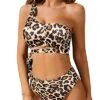 Chic Two Piece One Shoulder Tie Waisted Bikini Set High Cut Bottoms-Leopard