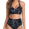 High-Cut Legs Pleated Front Panel Bikini Sets For Women-Black Marble