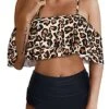 Flirty Ruffle Off Shoulder High Waisted Bikini Set Swimsuit-Black And Leopard