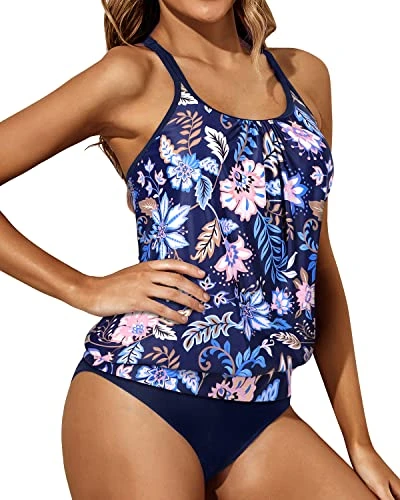 Adjustable Shoulder Straps Tankini Swimsuits-Blue Floral - Image 4