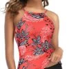 Match Different Bikini Bottom Women Tankini Top Only-Red Floral