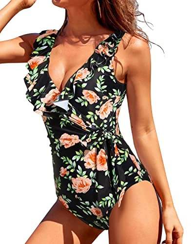 Tummy Control Tie Side Wrap Slimming Ruffle V Neck One Piece Swimsuits-Black Pink Flowers