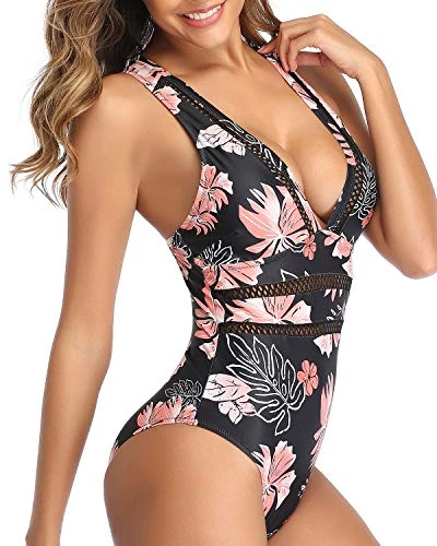 Comfy Wide Shoulder Strap Padded Long Torso Swimsuit-Black Orange Floral - Image 4