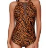 Flattering High-Neck Mesh Plunge One-Piece For Women's Swimwear-Brown Zebra Pattern
