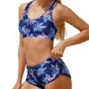 Mid Waist Boyleg Shorts Two Piece Bathing Suits For Women-Blue Floral