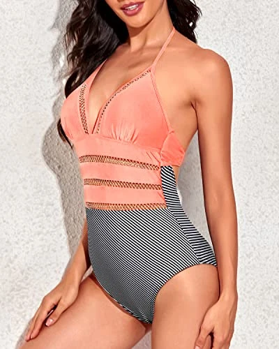 Vintage Removable Soft Bra Padded Tie Knot Back Bathing Suit-Coral Pink Stripe - Image 3