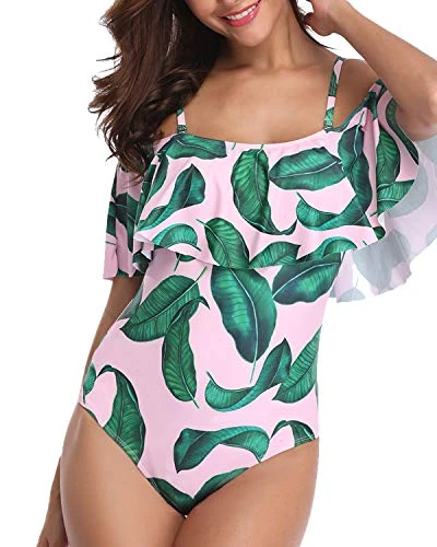Vintage Off-Shoulder Ruffle One Piece Swimsuits-Pink Leaf - Image 3