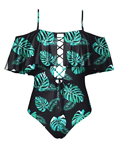 Flounce One Piece Swimsuit Off-The-Shoulder Lace-Up Backless Bathing Suit-Black And Green Leaf - Image 3