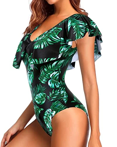Women V Neck Flounce Sleeve Tummy Control Ruffle Shoulders One Piece Swimsuit-Black Green Leaves - Image 4