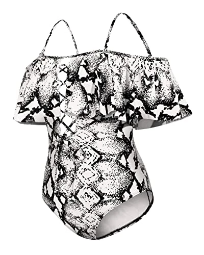 Sexy Off-Shoulder One Piece Lace Up Ruffled Bathing Suit-Black And White Snake Print - Image 4