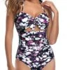 Vintage Tie Knot Pattern Tummy Control One Piece Swimsuits-Purple Floral