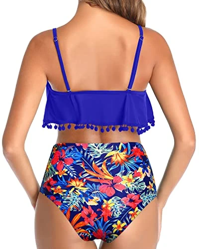 High Waisted Bikini Ruffle Swimsuit Bottoms Ruched High Rise Bottom-Royal Blue Floral - Image 2