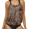 Sporty Flared Scoop Neck Tankini For Teen Girls-Black And Leopard