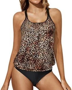Sporty Flared Scoop Neck Tankini For Teen Girls-Black And Leopard