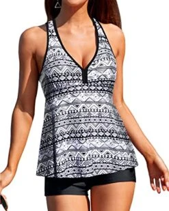 V Neck Swimsuit Tummy Control Bottom & Racerback Top For Women-Black Tribal