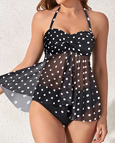 Two Piece Bandeau Strapless Tankini Swimsuits For Women-Black Dot - Image 2