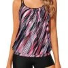 Women Adjustable Shoulder Straps Blouson Tankini Swimsuits-Pink Stripe