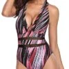 Curve-Contouring V Neck One Piece One Piece Swimsuits-Pink Stripe
