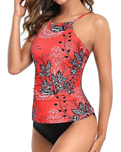 Padded Push Up Tummy Slimming 2 Piece Tankini Swimsuits For Women-Red Floral - Image 4