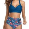 Figure-Flattering Pleated Front Halter Ruched High Waist Bikini-Blue Floral