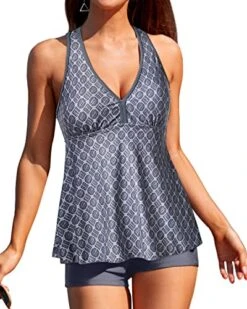 Tummy Control Two Piece Swimsuit Racerback Tankini-Grey Tribal