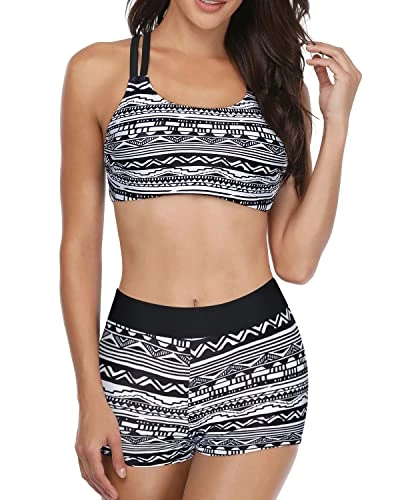 Sports Bra & Shorts Athletic 3 Piece Swimsuits-Black Tribal - Image 3