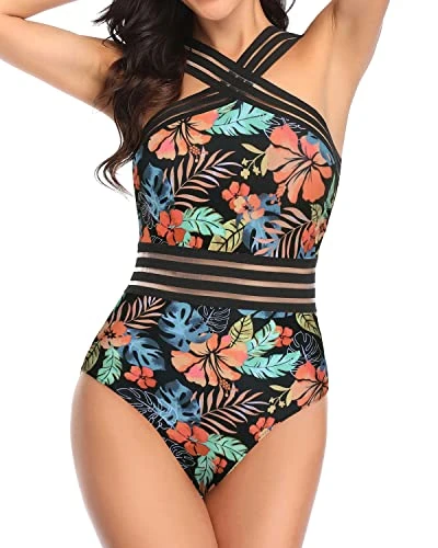 Flattering Slimming Silhouette Sexy One Piece Swimsuits-Black Red Flower - Image 2