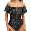 Lace Up Ruffled Bathing Suit For Longer Torso One Piece Swimsuit-Black White Dot