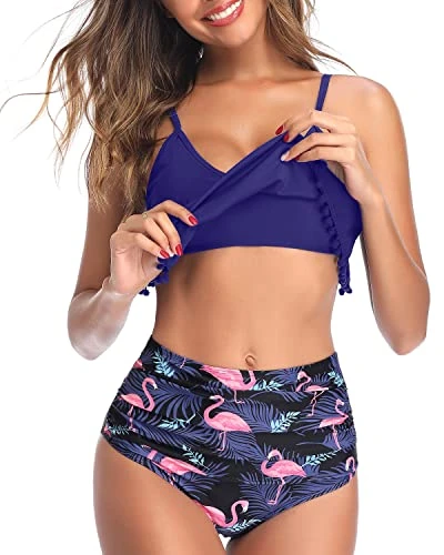 Tassel Trim Chic Tropical High Waisted Bikini-Blue Flamingo - Image 4