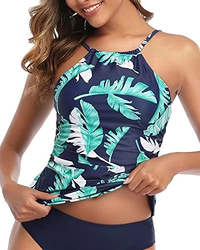 Adjustable Neck High Neck Tankini Tops For Women's Swimwear-Blue Leaf - Image 4