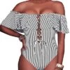 Flattering One Piece Lace Up Ruffled Bathing Suit-Black And White Stripe