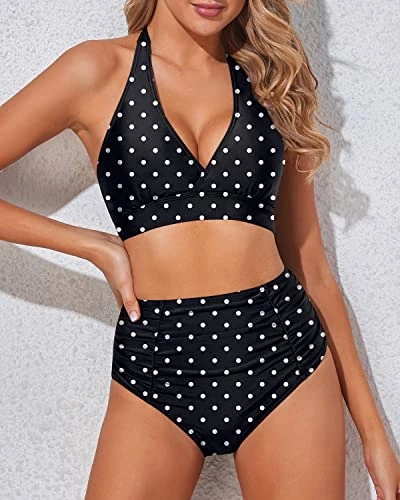 Figure Flattering Two Piece High Waisted Bikini Set-Black Dot - Image 4