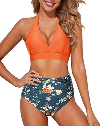 Halter Self Tie High Waisted Bikini Set Women's Bikini Swimsuits-Orange Flowers