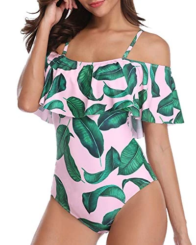 Vintage Off-Shoulder Ruffle One Piece Swimsuits-Pink Leaf - Image 2