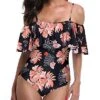 Chic Off Shoulder One Piece Beachwear For Ladies-Black Orange Floral