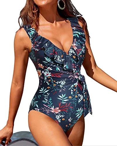 Slimming Bathing Suit Flattering Ruffle V Neck One Piece Swimsuits-Blue Flower - Image 3
