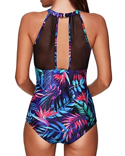 Fashionable Plunge Neck Mesh Monokini Women One Piece Swimsuit-Blue Leaves - Image 2