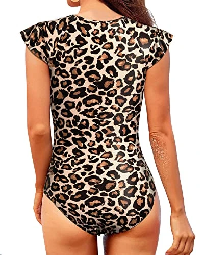 Women's Short Sleeve Rash Guard High Neck And Zipper-Leopard - Image 2