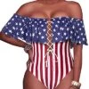 Off Shoulder Lace-Up One Piece Bathing Suit Ruffle Flounce Sexy Swimsuit-Flag