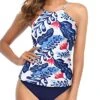 Padded Push Up Tankini Swimsuit Open Back-White And Blue Floral