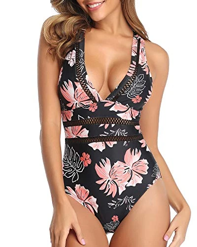 Comfy Wide Shoulder Strap Padded Long Torso Swimsuit-Black Orange Floral - Image 2